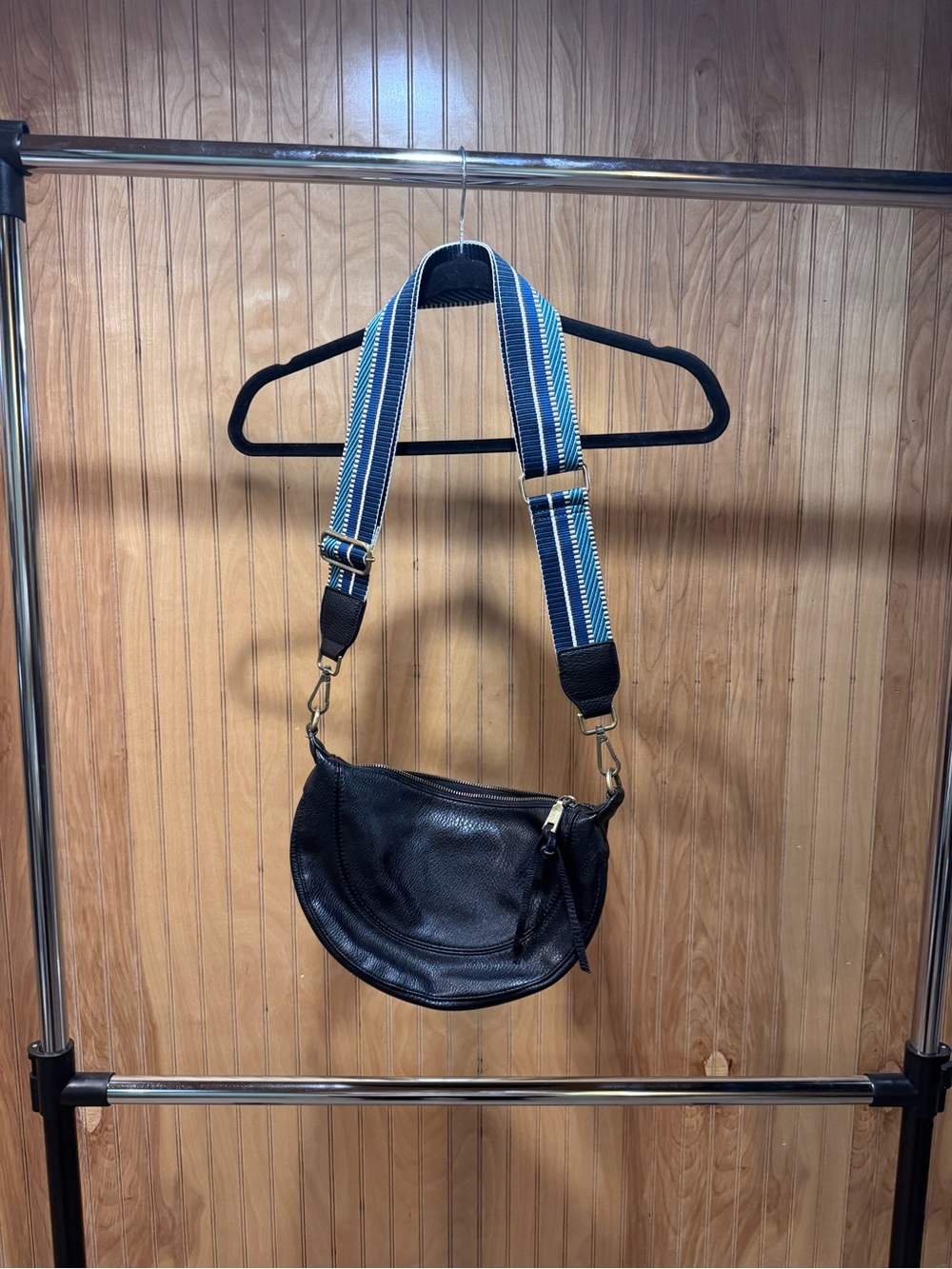 Anthropologie Black Leather Belt Bag with Blue Striped Strap